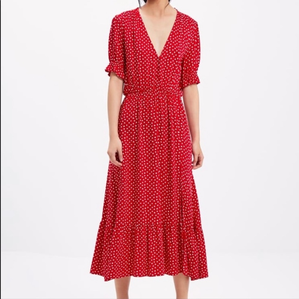 Zara red polka dot dress with ruffles and side slit